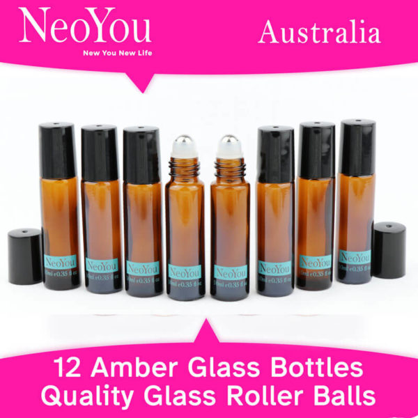 10ml 12 Pack of Amber Glass Stainless Steel Roller Ball Essential Oil Bottle